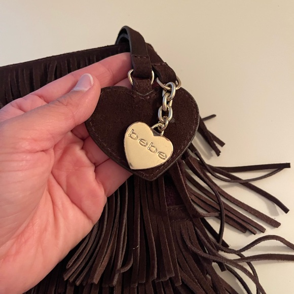 bebe Dark Brown Fringe Clutch with Heart Tags - Picture 7 of 9